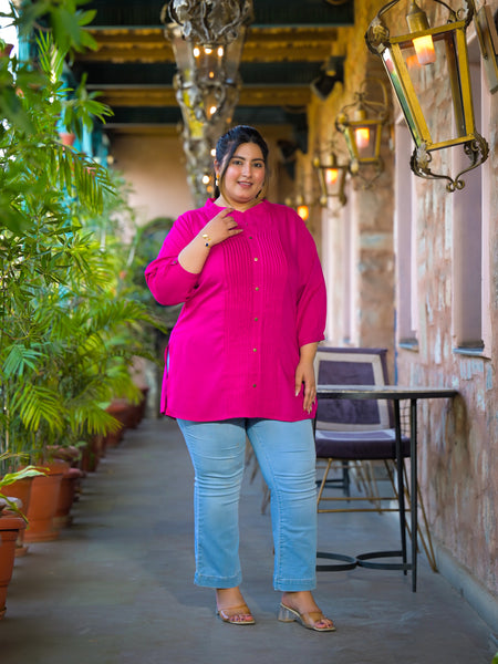 Women Pink Rayon Solid Short Top with Round Neck (Plus Size)