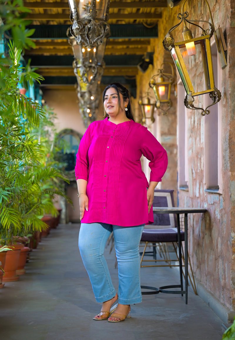 Women Pink Rayon Solid Short Top with Round Neck (Plus Size)