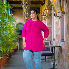 Women Pink Rayon Solid Short Top with Round Neck (Plus Size)