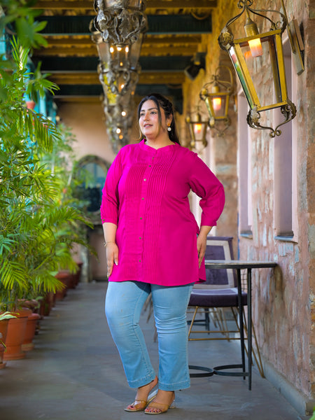 Women Pink Rayon Solid Short Top with Round Neck (Plus Size)