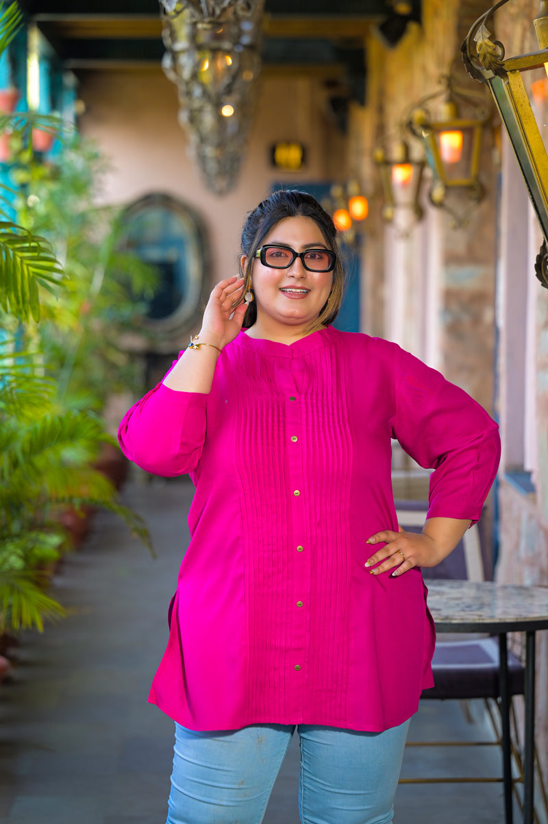 Women Pink Rayon Solid Short Top with Round Neck (Plus Size)