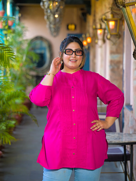 Women Pink Rayon Solid Short Top with Round Neck (Plus Size)