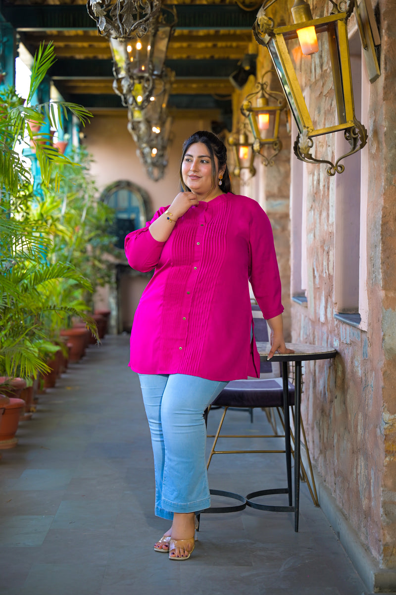 Women Pink Rayon Solid Short Top with Round Neck (Plus Size)