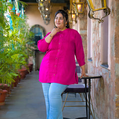 Women Pink Rayon Solid Short Top with Round Neck (Plus Size)