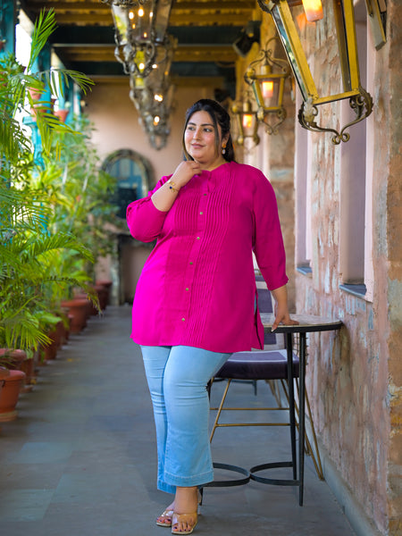 Women Pink Rayon Solid Short Top with Round Neck (Plus Size)