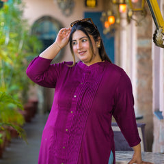 Women Purple Rayon Solid Short Top with Round Neck (Plus Size)