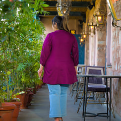 Women Purple Rayon Solid Short Top with Round Neck (Plus Size)