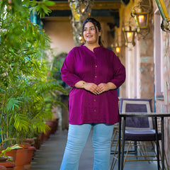 Women Purple Rayon Solid Short Top with Round Neck (Plus Size)