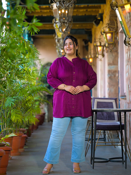 Women Purple Rayon Solid Short Top with Round Neck (Plus Size)