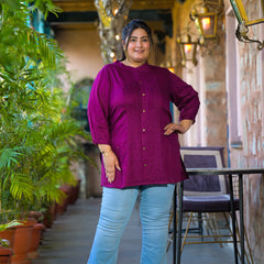 Women Purple Rayon Solid Short Top with Round Neck (Plus Size)