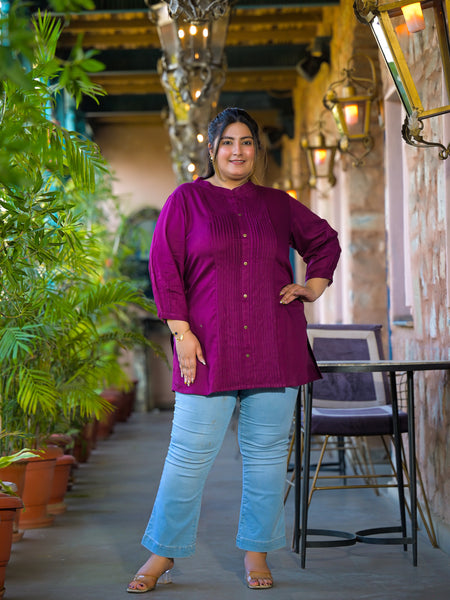 Women Purple Rayon Solid Short Top with Round Neck (Plus Size)