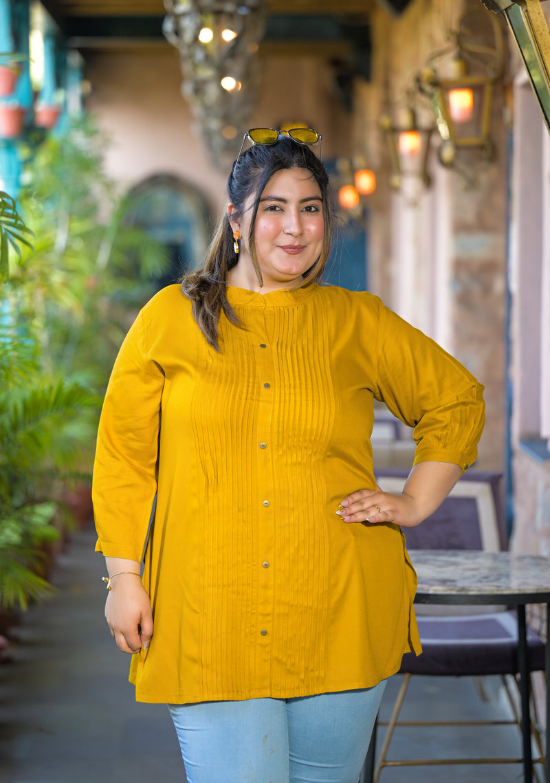 Women Yellow Rayon Solid Short Top with Round Neck (Plus Size)