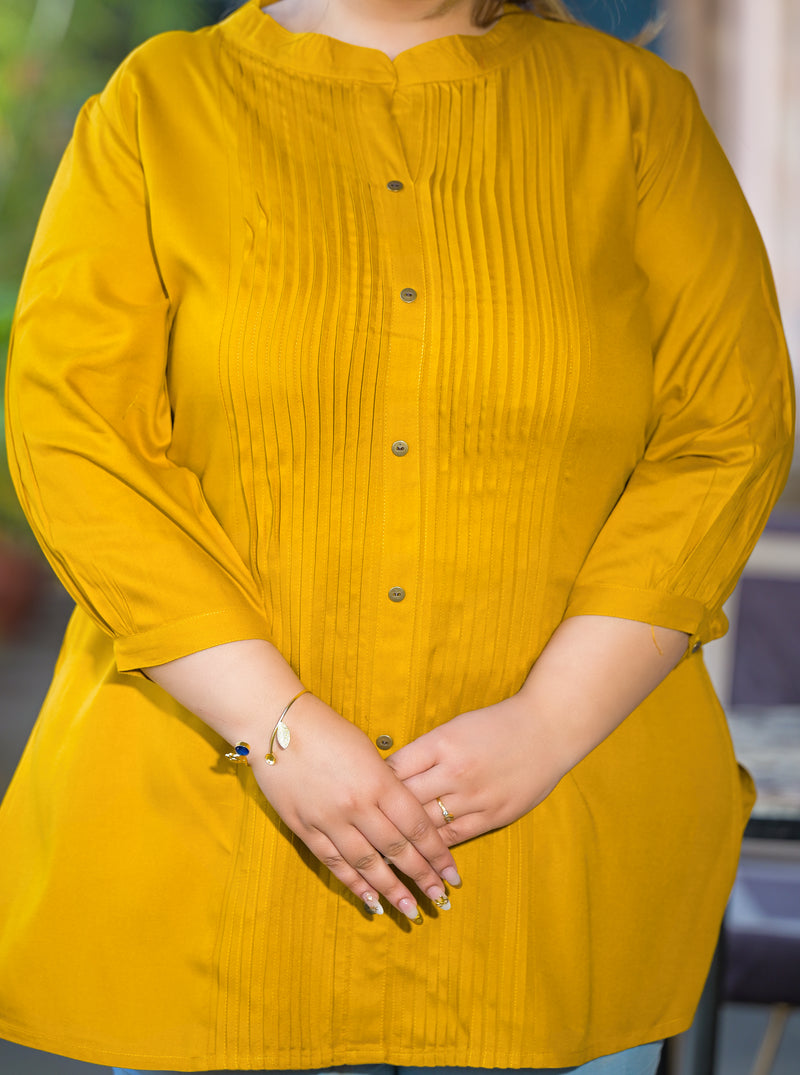 Women Yellow Rayon Solid Short Top with Round Neck (Plus Size)