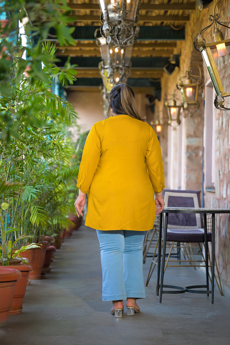 Women Yellow Rayon Solid Short Top with Round Neck (Plus Size)