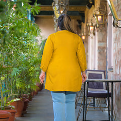 Women Yellow Rayon Solid Short Top with Round Neck (Plus Size)