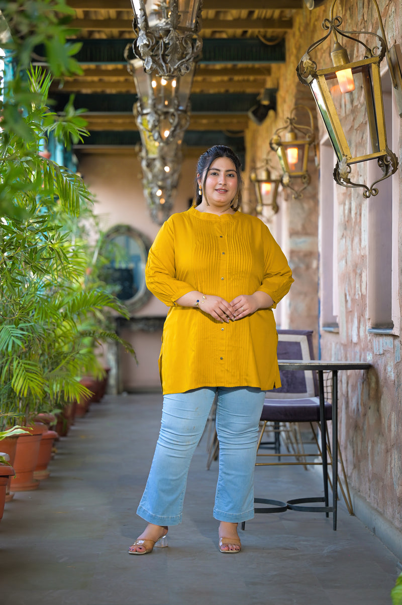 Women Yellow Rayon Solid Short Top with Round Neck (Plus Size)