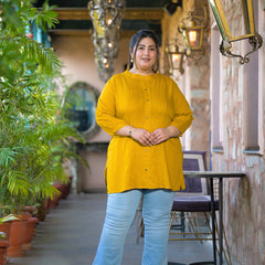 Women Yellow Rayon Solid Short Top with Round Neck (Plus Size)