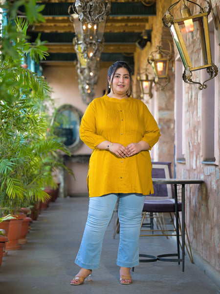 Women Yellow Rayon Solid Short Top with Round Neck (Plus Size)