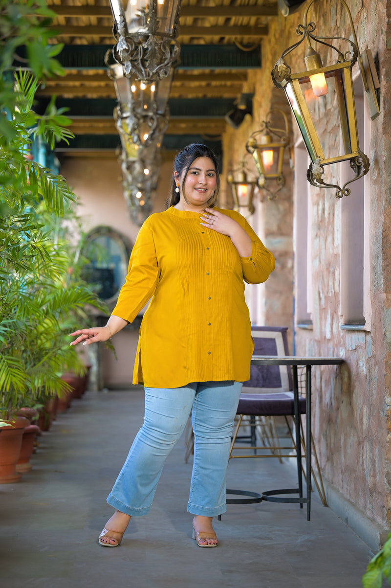 Women Yellow Rayon Solid Short Top with Round Neck (Plus Size)
