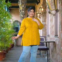 Women Yellow Rayon Solid Short Top with Round Neck (Plus Size)