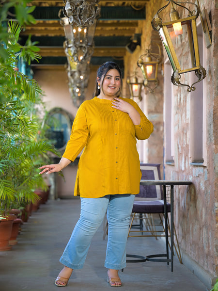Women Yellow Rayon Solid Short Top with Round Neck (Plus Size)