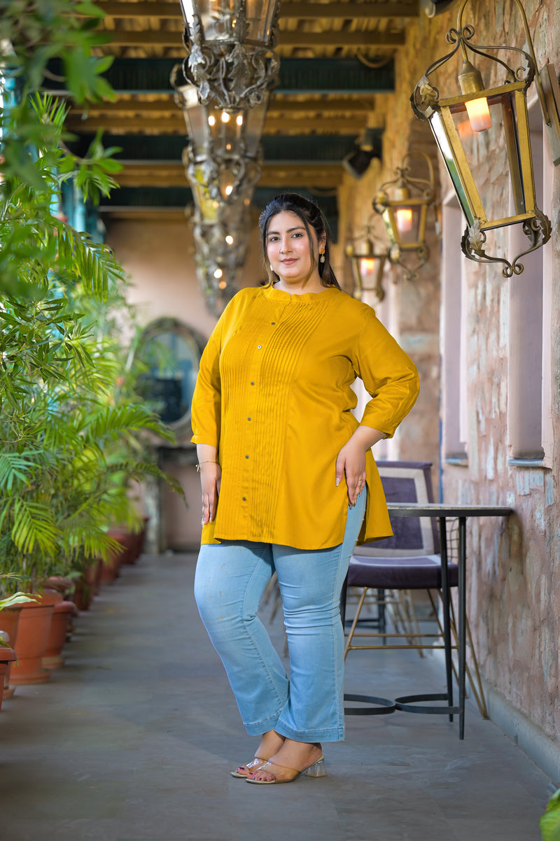 Women Yellow Rayon Solid Short Top with Round Neck (Plus Size)