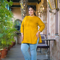 Women Yellow Rayon Solid Short Top with Round Neck (Plus Size)