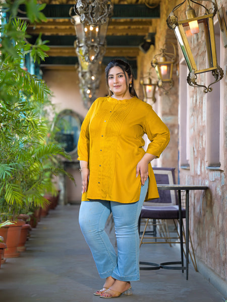 Women Yellow Rayon Solid Short Top with Round Neck (Plus Size)