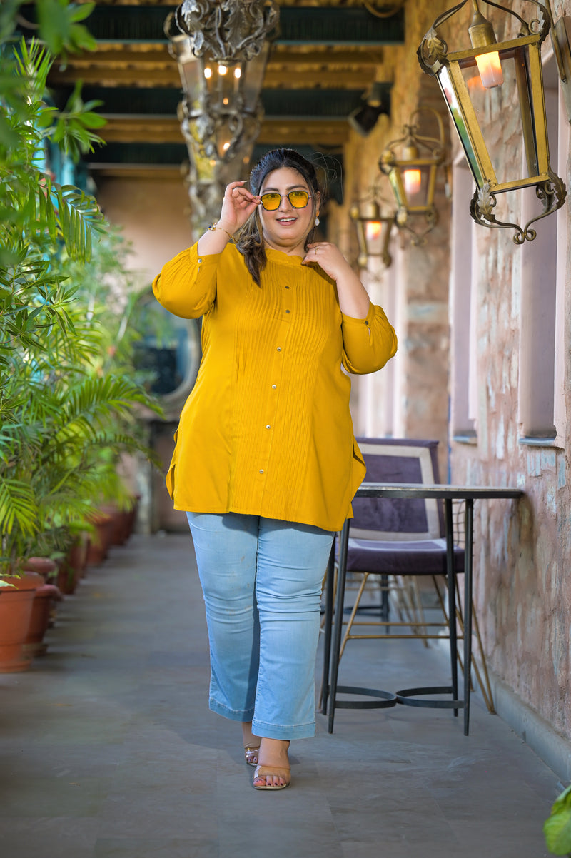 Women Yellow Rayon Solid Short Top with Round Neck (Plus Size)