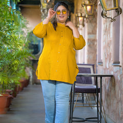 Women Yellow Rayon Solid Short Top with Round Neck (Plus Size)