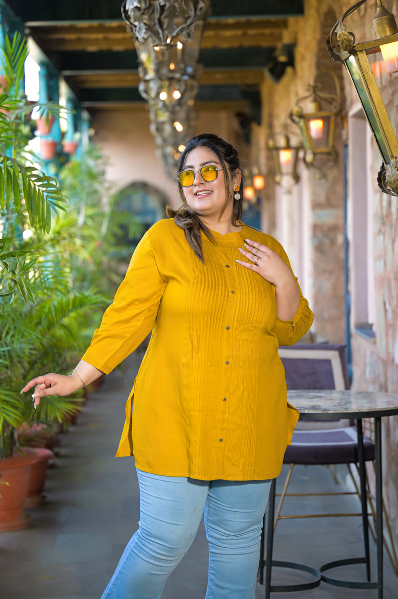 Women Yellow Rayon Solid Short Top with Round Neck (Plus Size)