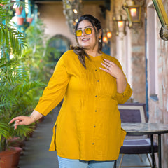 Women Yellow Rayon Solid Short Top with Round Neck (Plus Size)