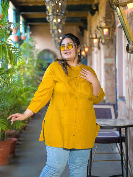 Women Yellow Rayon Solid Short Top with Round Neck (Plus Size)