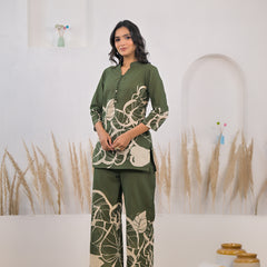 Green cotton printed co ord set for woman
