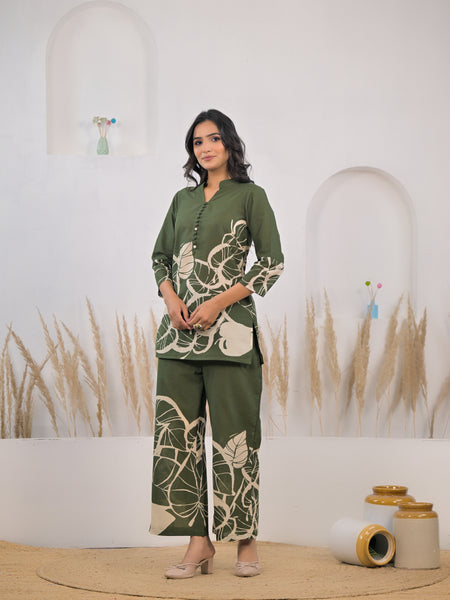Green cotton printed co ord set for woman
