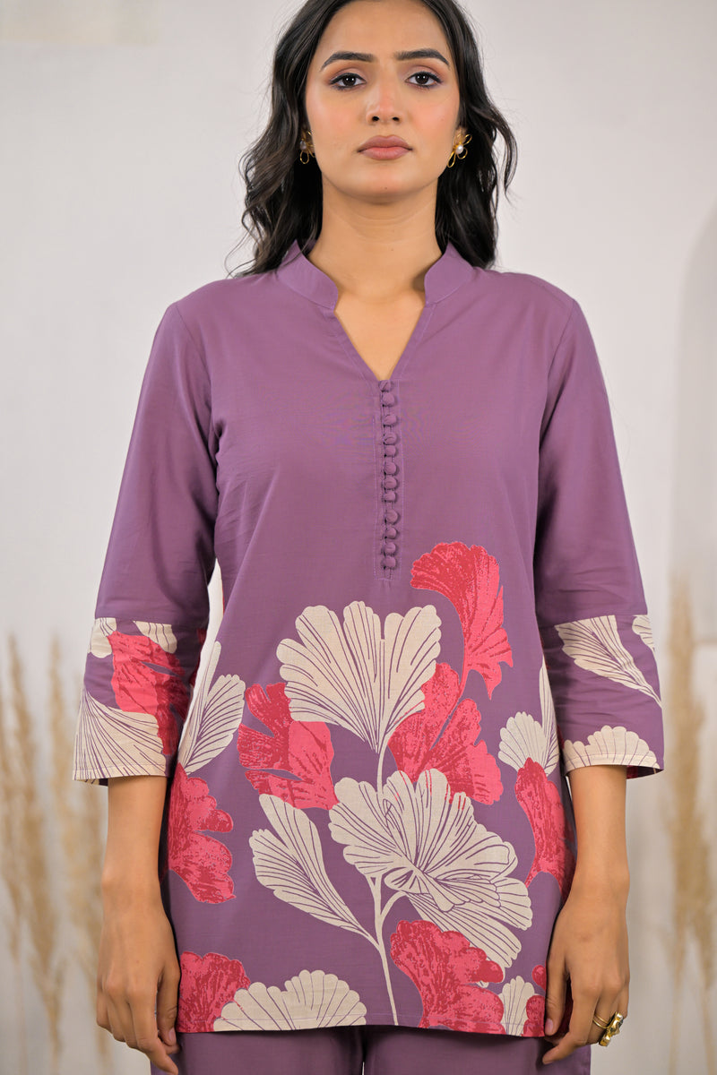 Royal purple cotton printed co ord set for female
