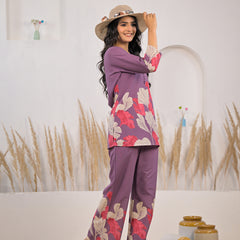 Stylish printed cotton co ord set purple color

