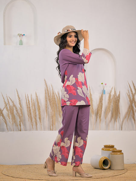 Stylish printed cotton co ord set purple color

