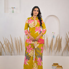 Yellow cotton printed co ord set for girl
