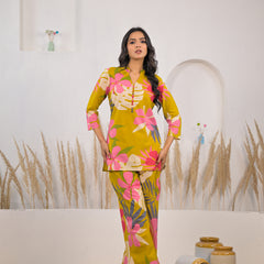 Floral printed cotton co ord set yellow color
