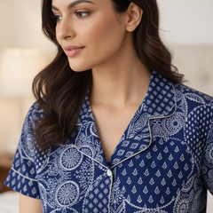 Blue Printed Cotton Nightwear Shorts Set