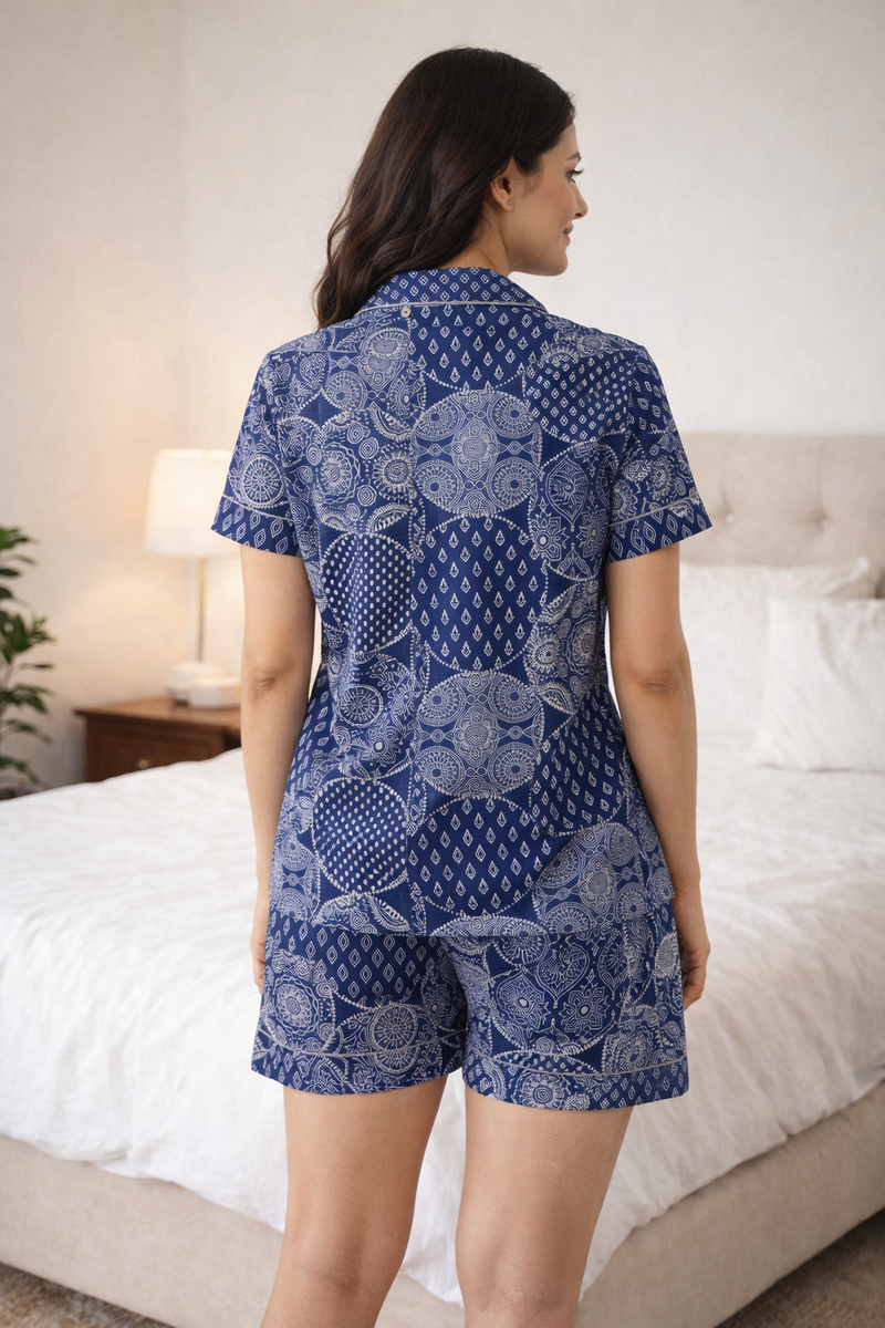 Blue Printed Cotton Nightwear Shorts Set