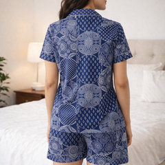 Blue Printed Cotton Nightwear Shorts Set