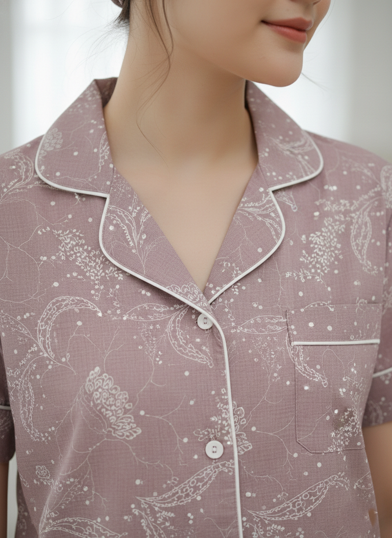 Peach Printed Cotton Nightwear Shorts Set