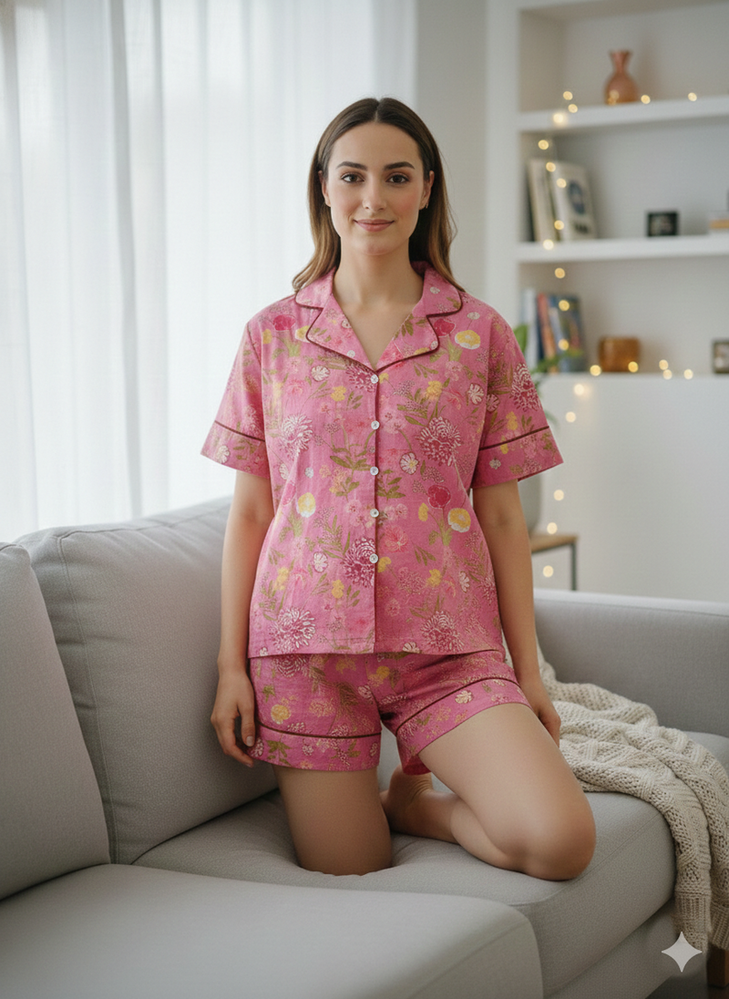 Pink Floral Printed Cotton Nightwear Shorts Set