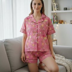 Pink Floral Printed Cotton Nightwear Shorts Set
