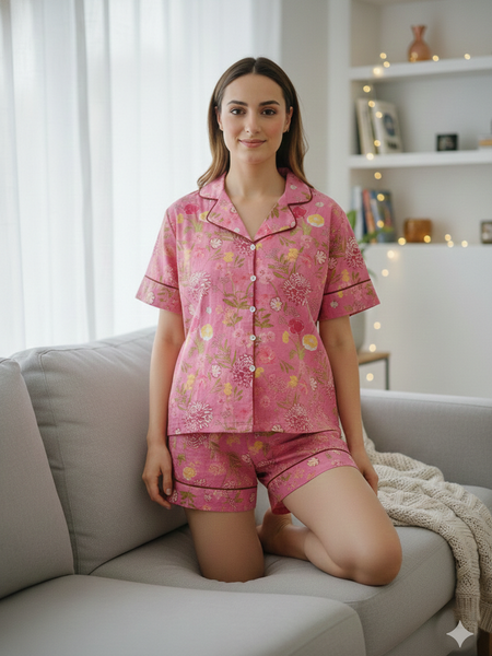 Pink Floral Printed Cotton Nightwear Shorts Set