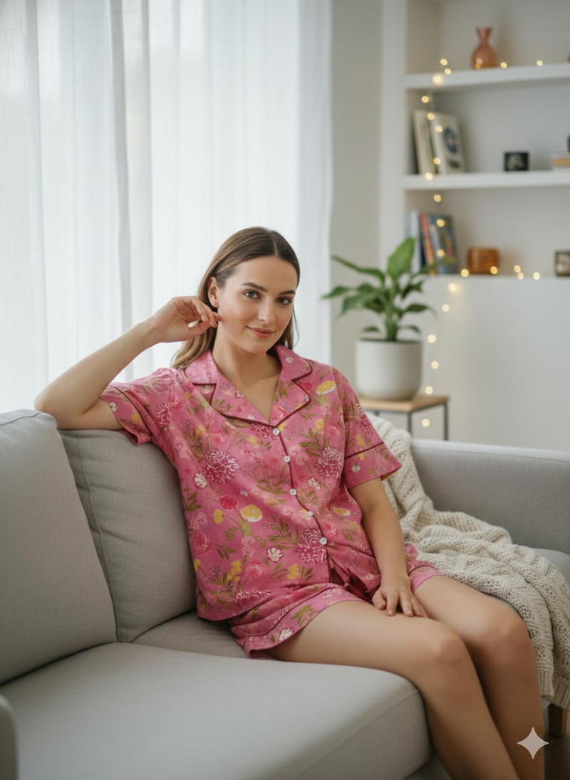 Pink Floral Printed Cotton Nightwear Shorts Set