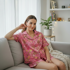Pink Floral Printed Cotton Nightwear Shorts Set