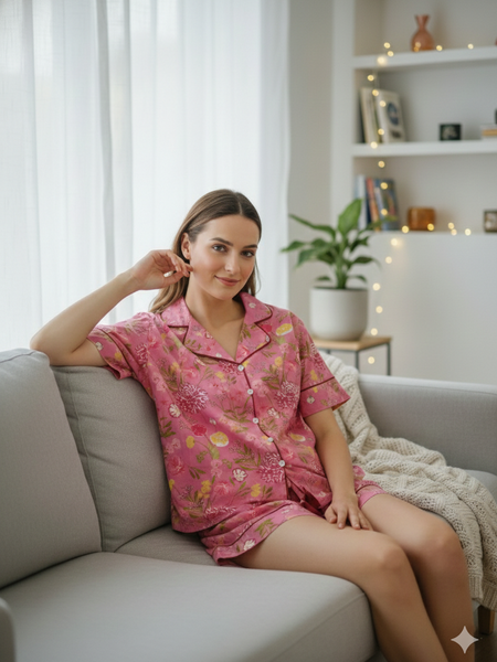 Pink Floral Printed Cotton Nightwear Shorts Set